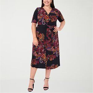 NWT MSK Women's Midi Fit & Flare V Neck Dress Black Plus Size 1X $85 8C114